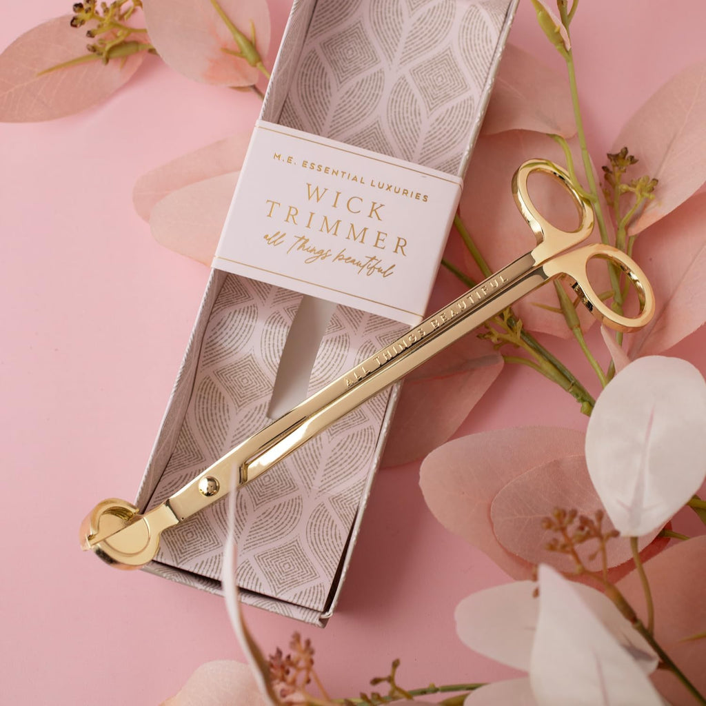 Essential Luxuries Wick Trimmer, Golden Candle Accessory Embossed with "All Things Beautiful", Elegant Candle Wick