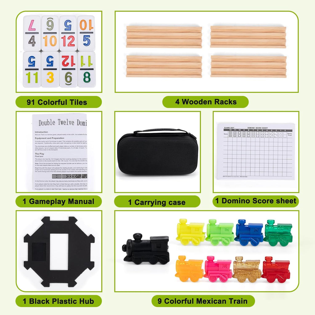 Mexican Train Dominoes Set with 4 Wooden Trays - Double 12 Dominoes Game with 91 Number Tiles, Portable Carrying Case