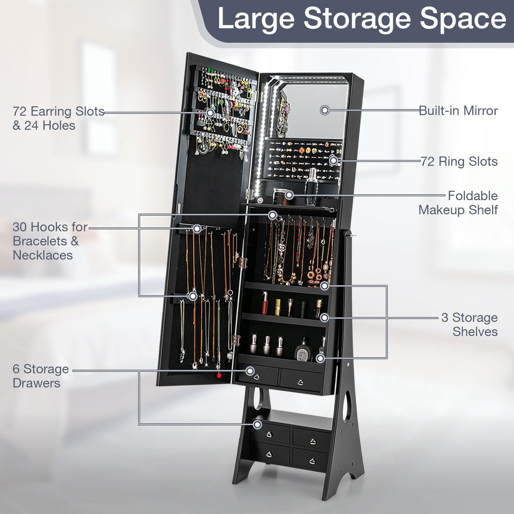 Jewelry Cabinet with Full Length Mirror & LED Light Strip, Black