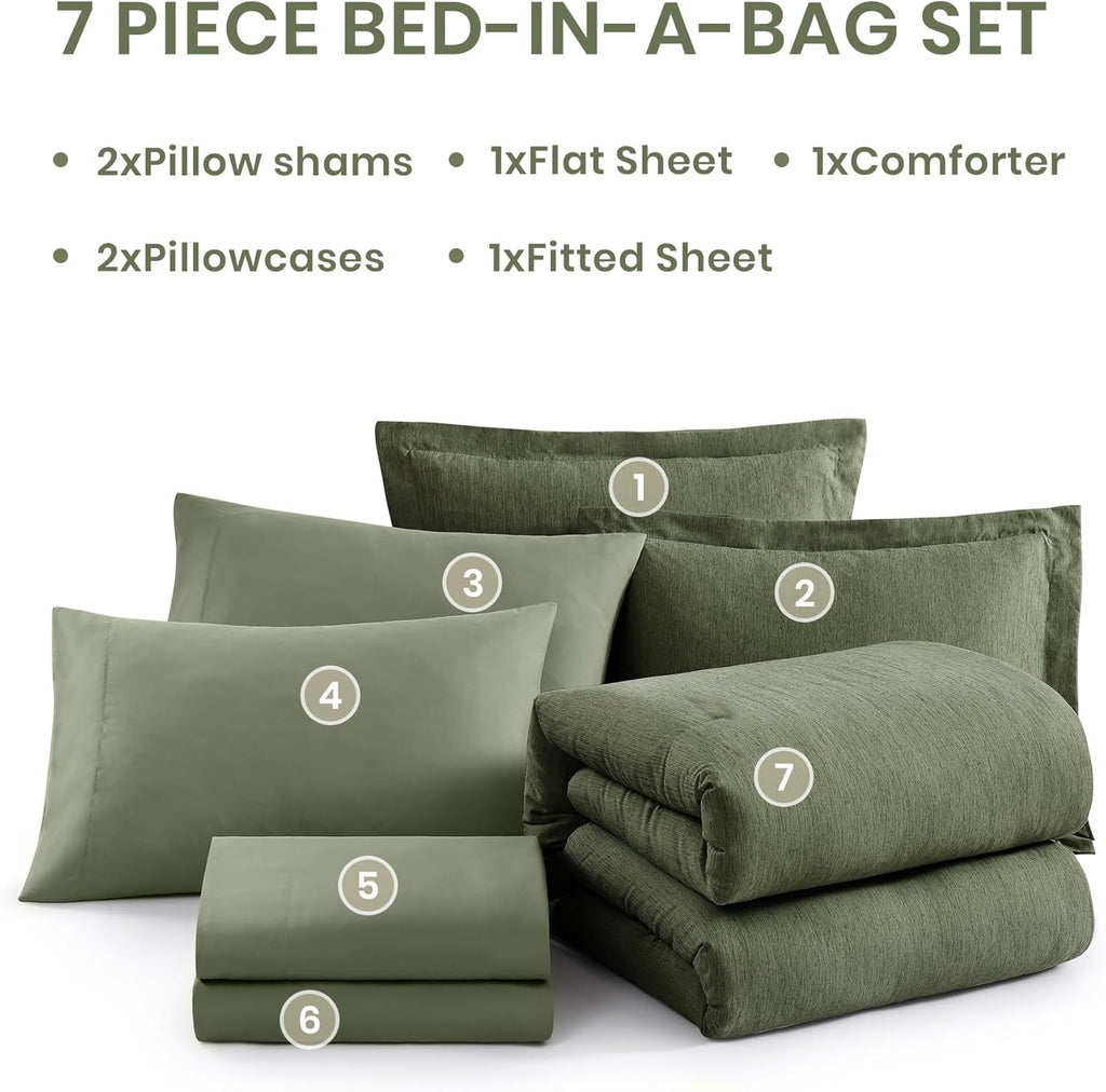 Monbix King Comforter Set, Olive Green King Bed Set Reversible, King Comforter Set 7 Pieces