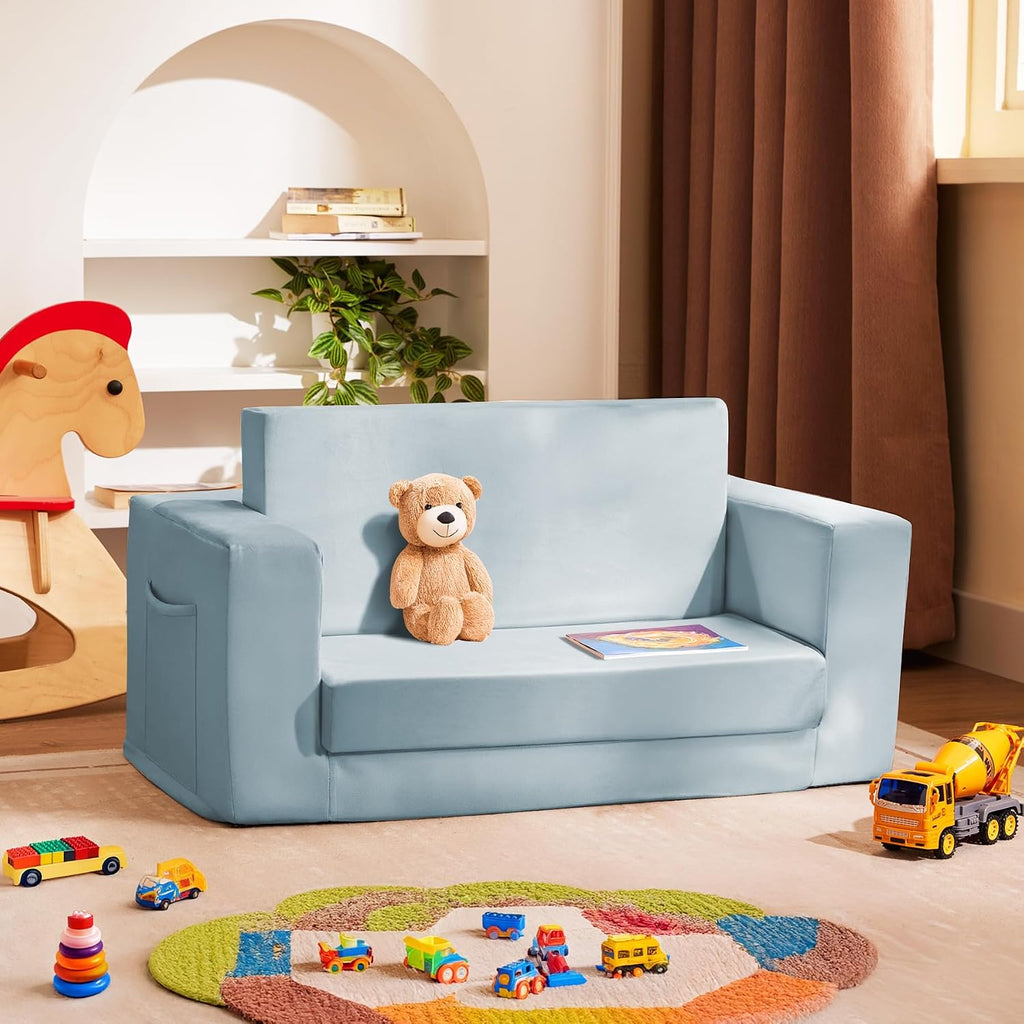 Toddler Couch Chair, Extra Wide Foldable Kids Chairs Comfy, Blue