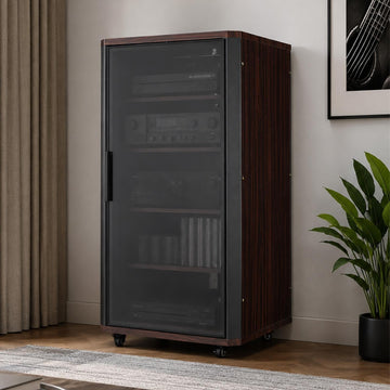 Stereo Cabinet with Glass Doors, Wood Frame, Rolling AV Rack