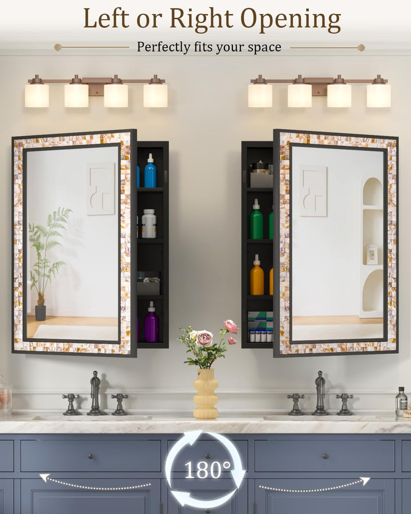 20"x30" Black Bathroom Medicine Cabinet with Mirror, Art Deco Mother of Pearl Vanity Mirror with Storage, Reversible
