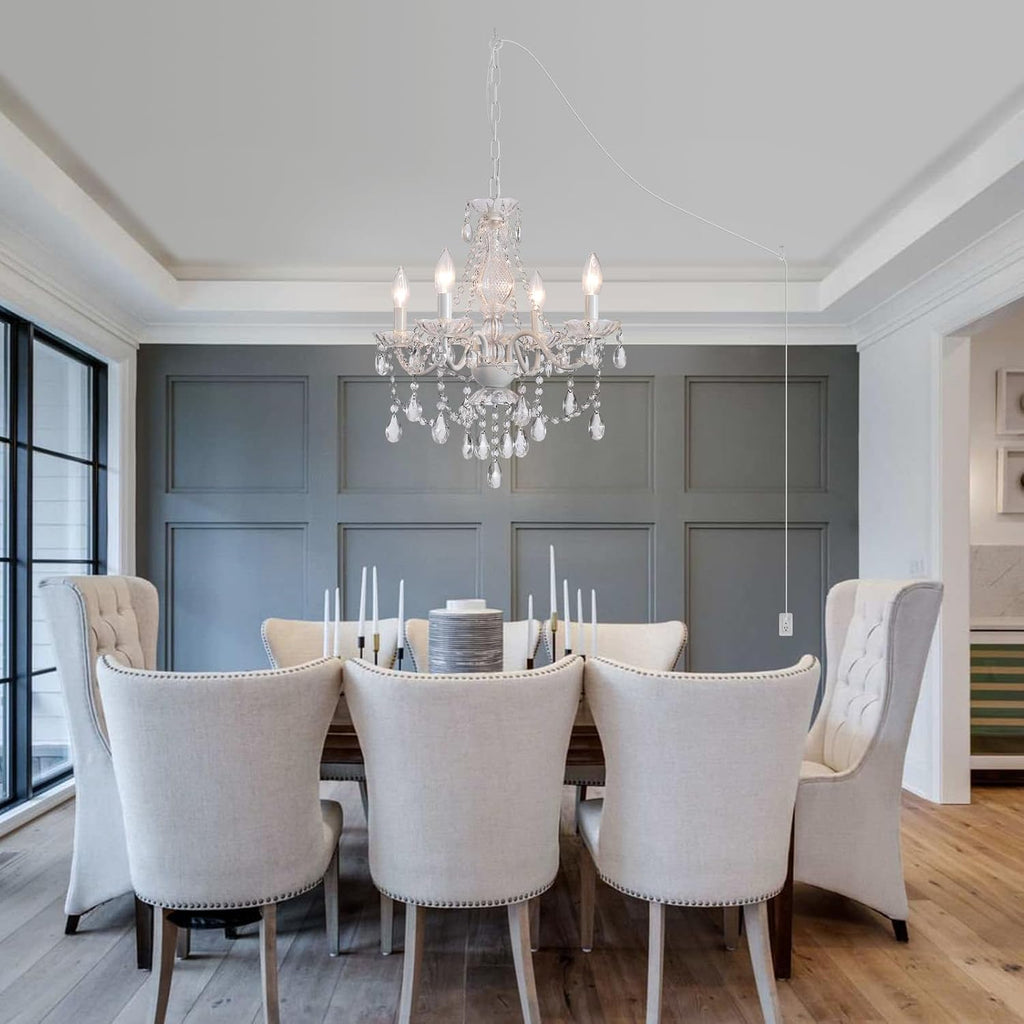Plug-in White Crystal Chandelier, 4-Light Ceramic & Crystal Hanging Pendant Light with Clear Cord and On/Off Switch