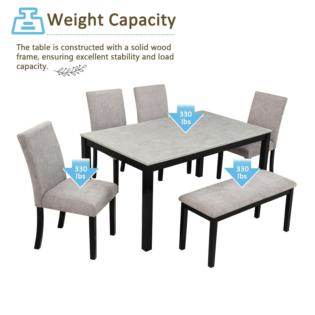 6-Piece Dining Table Set with Bench, Solid Wood Kitchen Table & 4 Upholstered Chairs, Concrete-Effect Tabletop, Modern