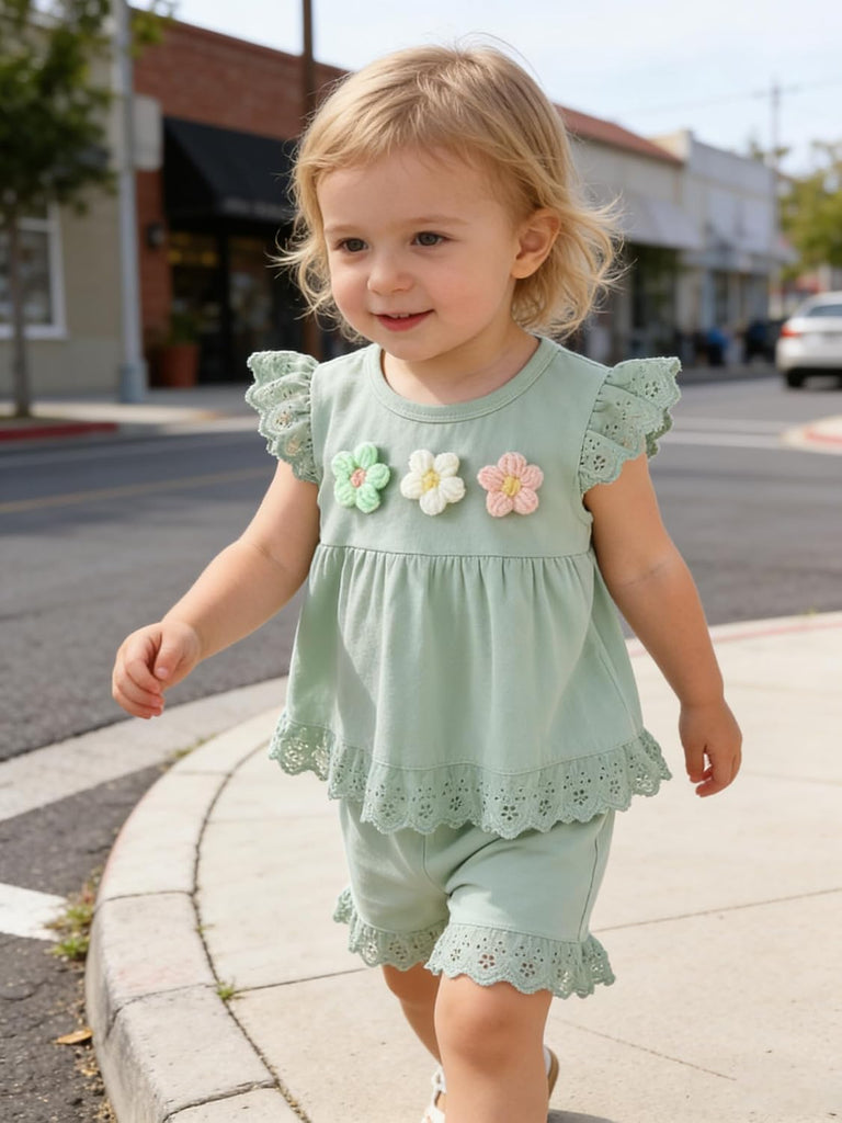 Toddler Girl Summer Clothes Flower Top & Shorts Cotton Blend Eyelet Trim Sets 2Pcs outfit