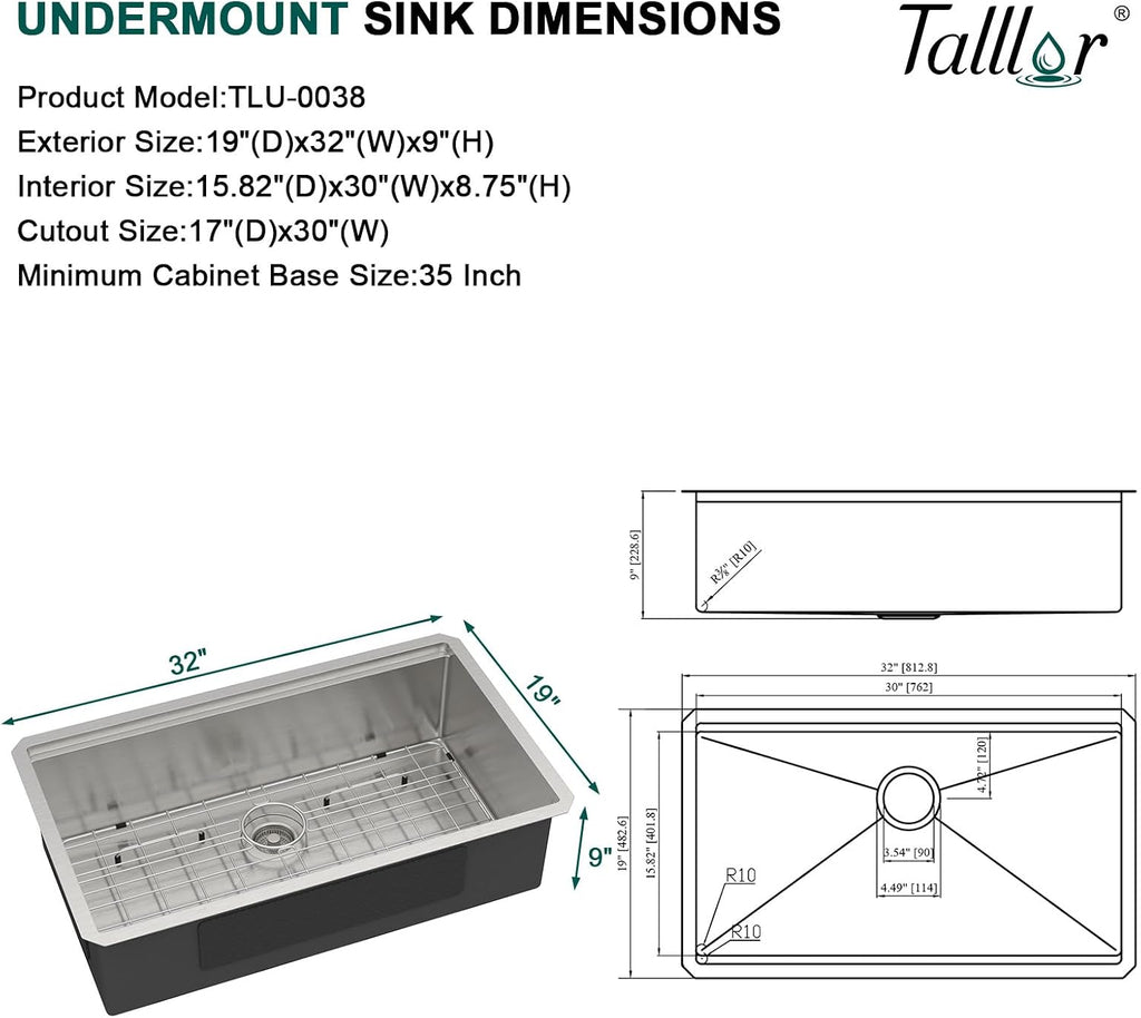 32 Undermount Kitchen Sink 16 Gauge 304 Stainless Steel Single Bowl Multifunctional 32x19 Undermount Workstation Sink