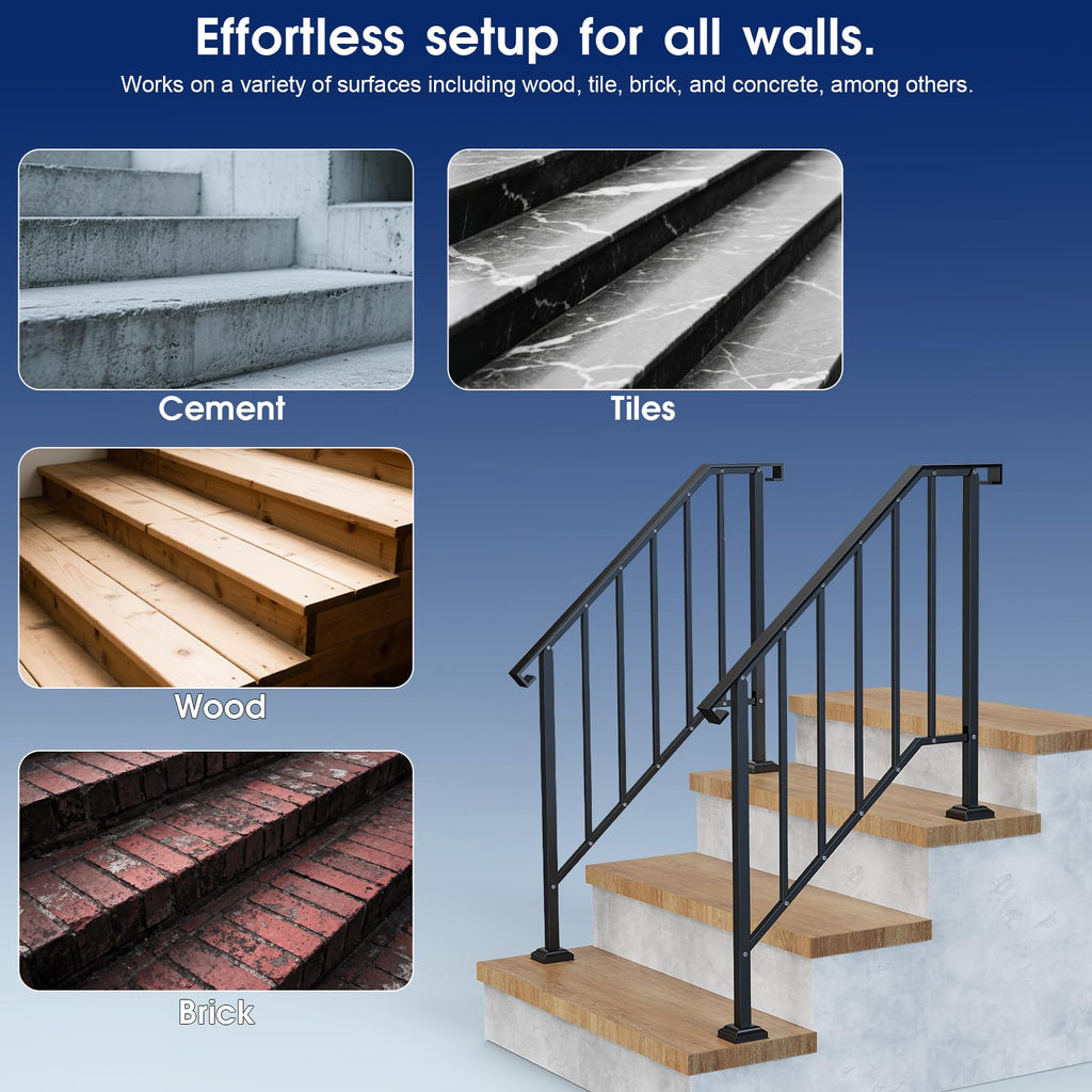 Outdoor Handrails for Steps, Stair Railing Kit for Concrete & Porch Steps, Adjustable Black Iron Hand Rail for