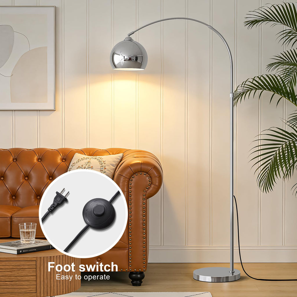 Glossy Chrome Silver Arc Floor Lamp with 12W LED Remote Dimming