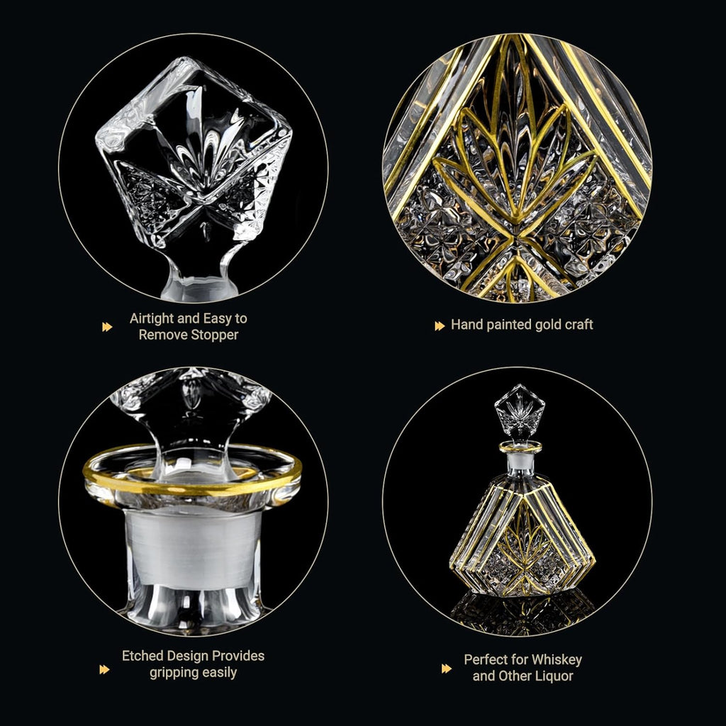 Hand-painted Gold Decanter Set for Men - Whiskey Decanter, Wine Aerator, and 2 Glasses, Liquor Bottles, Bourbon