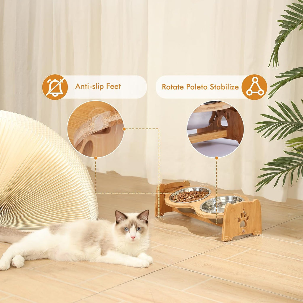 Elevated Dog Bowls for Cats and Dogs, Adjustable Bamboo Raised Dog Bowls for Small Dog, Food and Water Set Stand