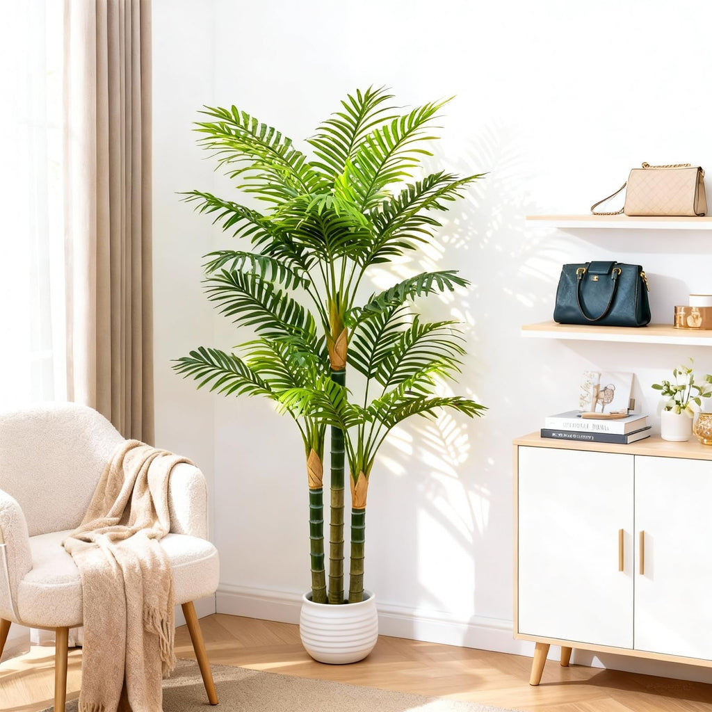 6FT Tall Golden Cane Artificial Palm Tree, Large Faux Palm Tree with 3 Textured Trunks, Outdoor Artificial Plants