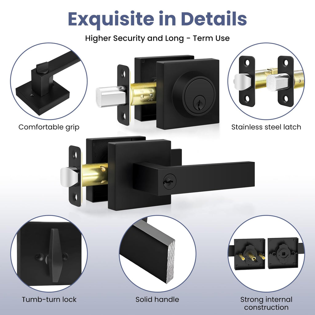 Door Locks for Front Door, Matte Black Exterior Door Handle and Single Cylinder Deadbolt Lock, Heavy Duty Modern