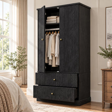 72" Tall Wood Armoire Wardrobe Closet, Fluted, 2 Drawers, Black