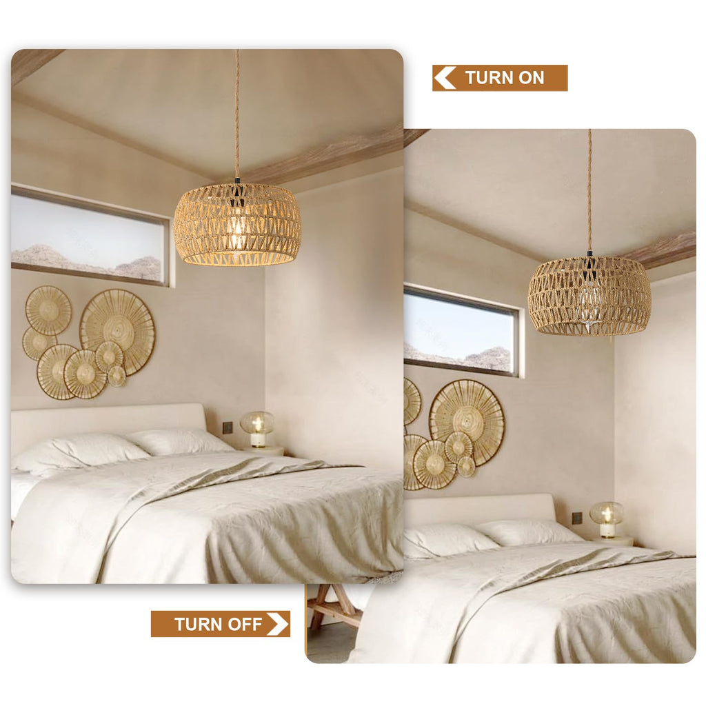 Boho Rattan Pendant Lights Farmhouse 12 Inch Plug in Chandelier