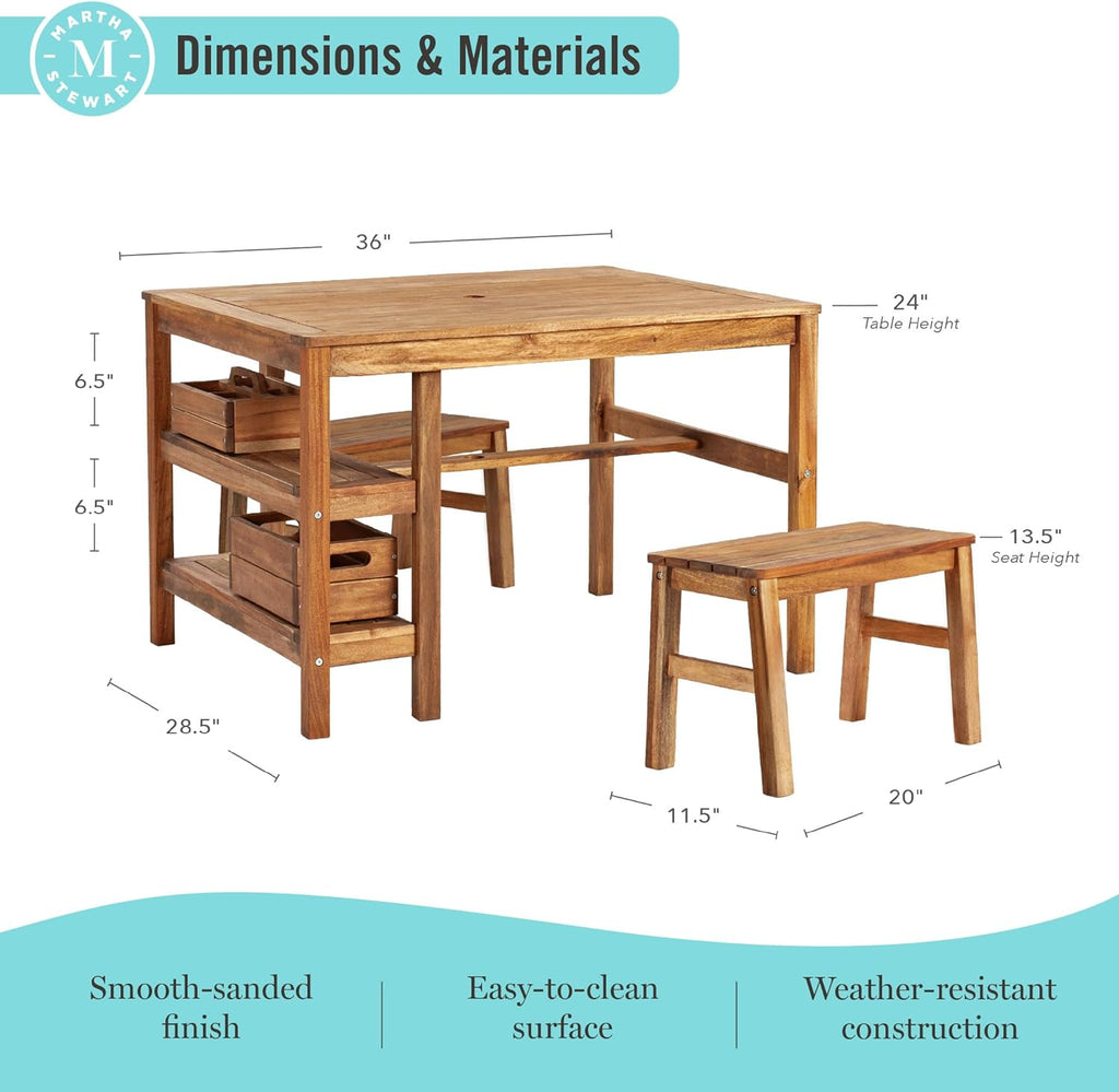 Kids Outdoor Craft Table and 2 Bench Set: Acacia Wood Activity Desk w/Crate, Caddy, and Storage Shelves | Kids Play &