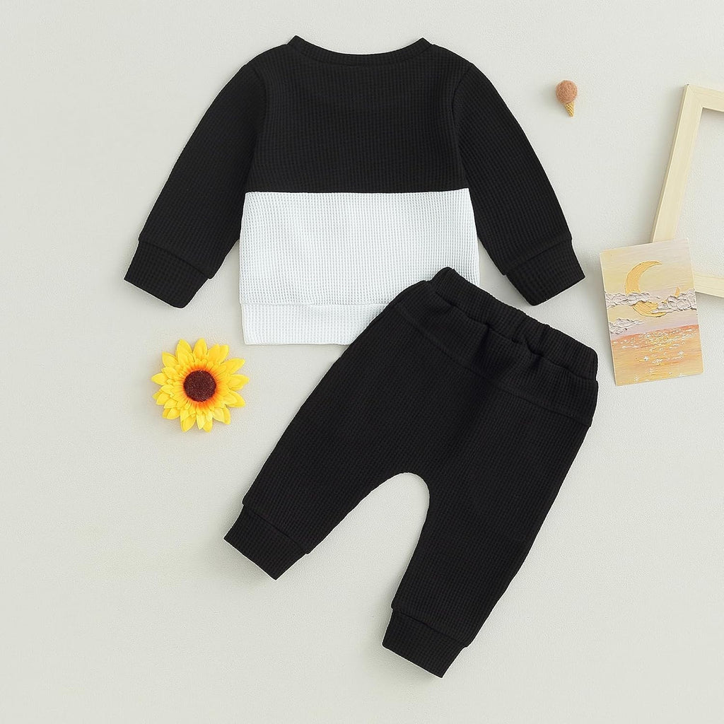 Toddler Baby Boy Fall Outfit Long Sleeve Crew Neck Contrast Color Sweatshirt Top Pant Cute Infant Waffle