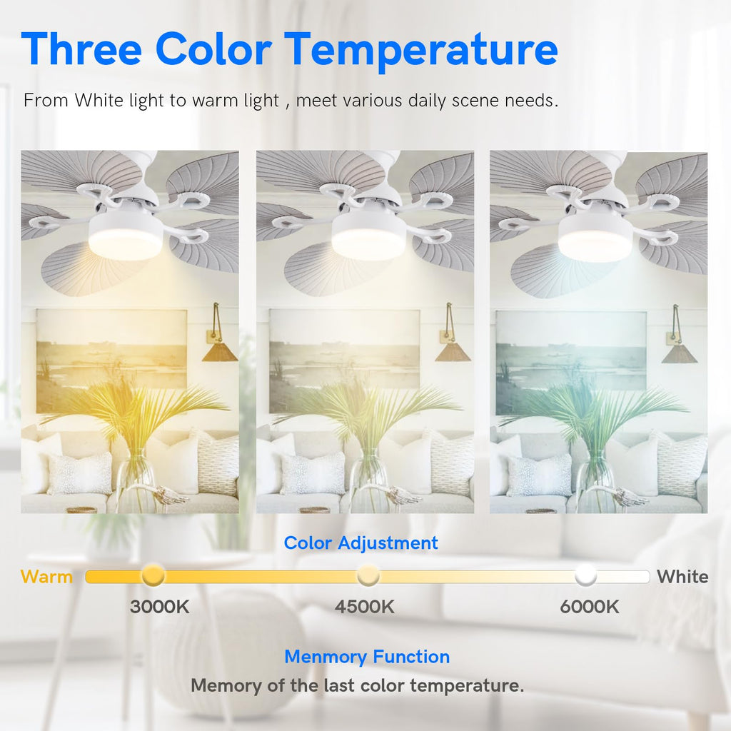 52inch Tropical Palm Leaf Ceiling Fans with Lights and Remote, Outdoor, White