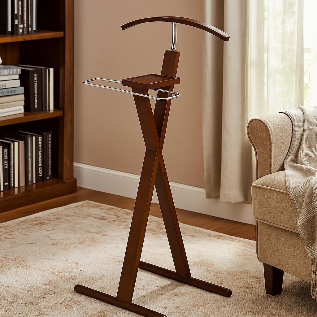 Josh Freestanding Wooden Valet Stand Organizer with Tray, Hanger, Trouser Bar, Walnut
