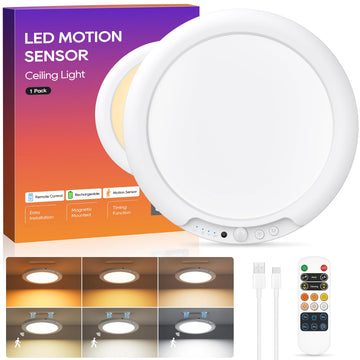 Rechargeable Motion Sensor Ceiling Light, 6 Color Battery Operated Ceiling Lights with Remote, Magnetic Wireless