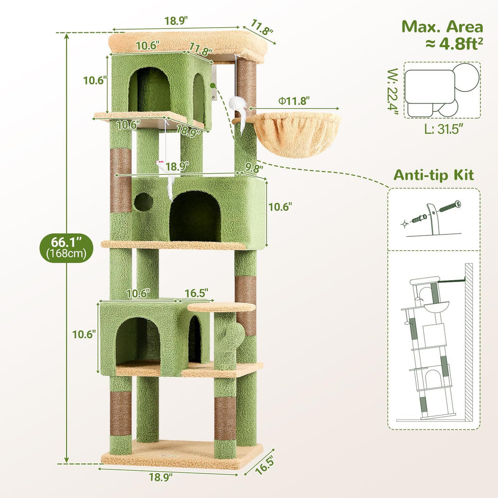 Cactus Corner Cat Tree, 66in Multi-Level Climbing Tower
