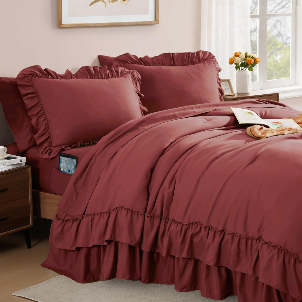 Comforter Set Syrah Red Ruffle 7 Pieces Farmhouse Bed in a Bag
