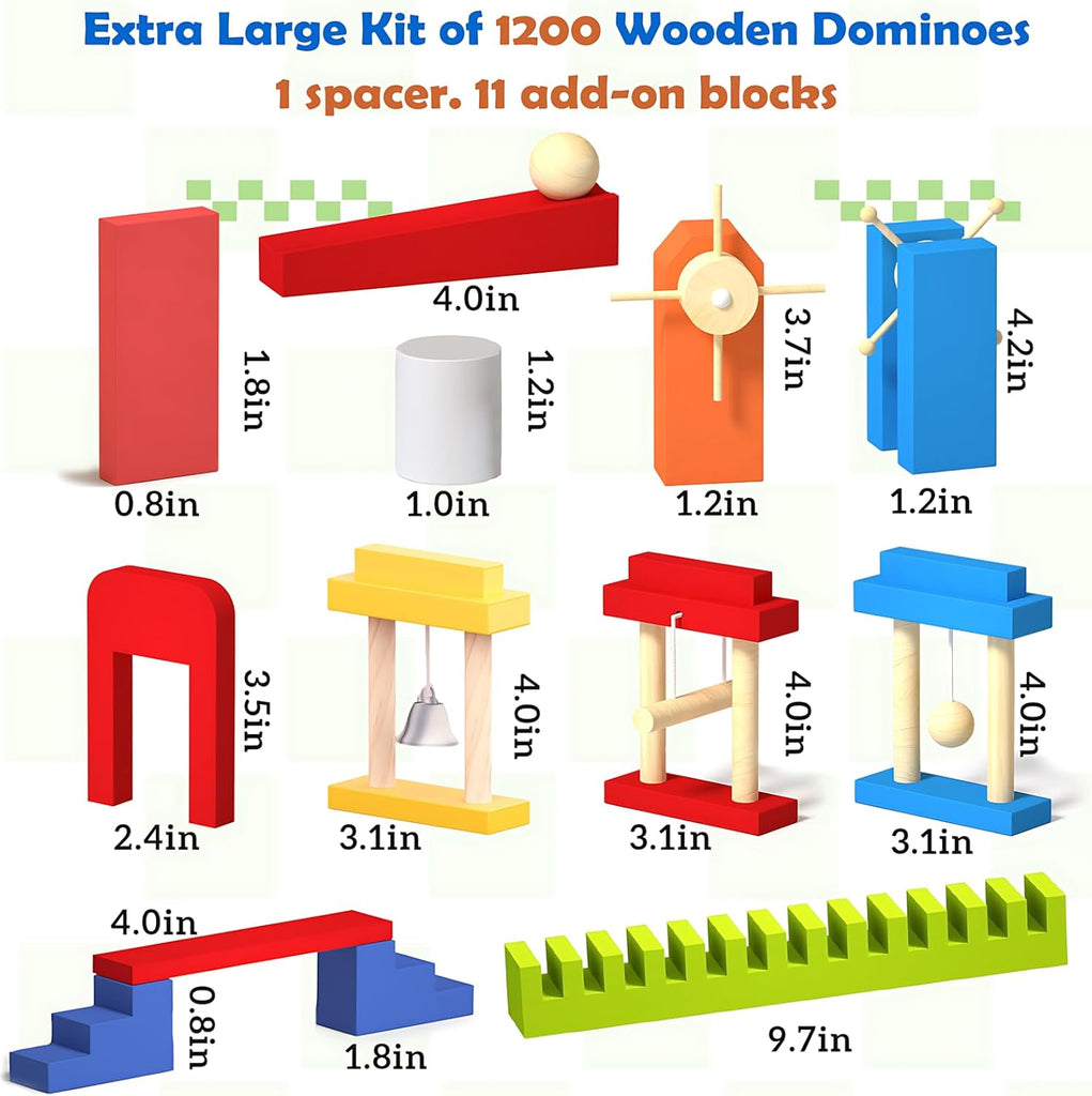 1200 PCS Wooden Dominoes Set with 11 Extra Add-on Domino Blocks & Storage Bag - Bulk Dominos Racing Game for Kids