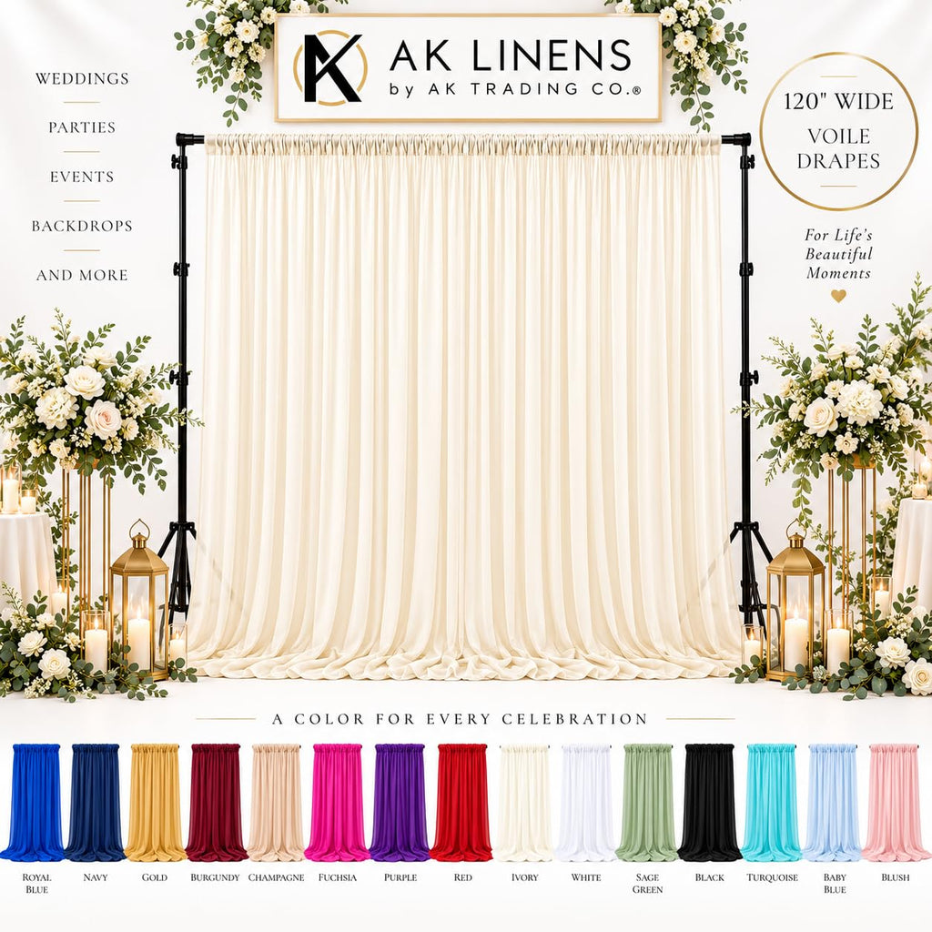 120" Wide (10Ft Wide) Sheer Voile Drape Panels for Backdrop, Wedding Events, Ceiling Drapes, Event Masking, & Decor