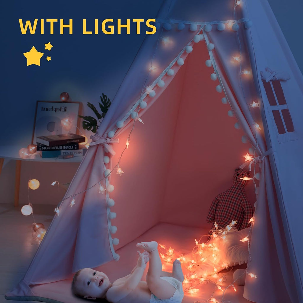 Teepee Tent for Kids with Mat, Star Lights, Carry Case, Cotton Canvas Playhouse, Foldable Tents, Portable Children