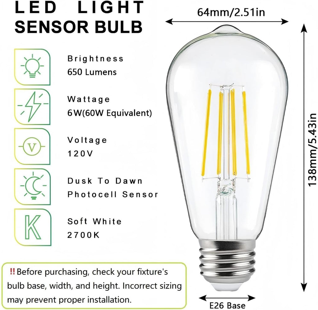 ST64 Dusk to Dawn LED Light Bulb Outdoor,E26,6W,2700K,650lm,4Pack