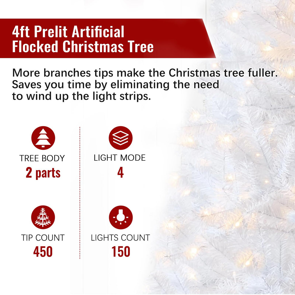 4ft White Prelit Artificial Christmas Tree, Arbol de Navidad Fake Xmas Tree