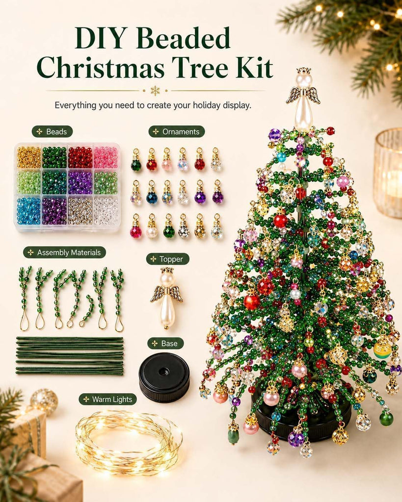 DIY Beaded Christmas Tree Kit for Adults, 3D Crystal Bead Holiday Craft Set with Colorful Beads, Ornament Charms &