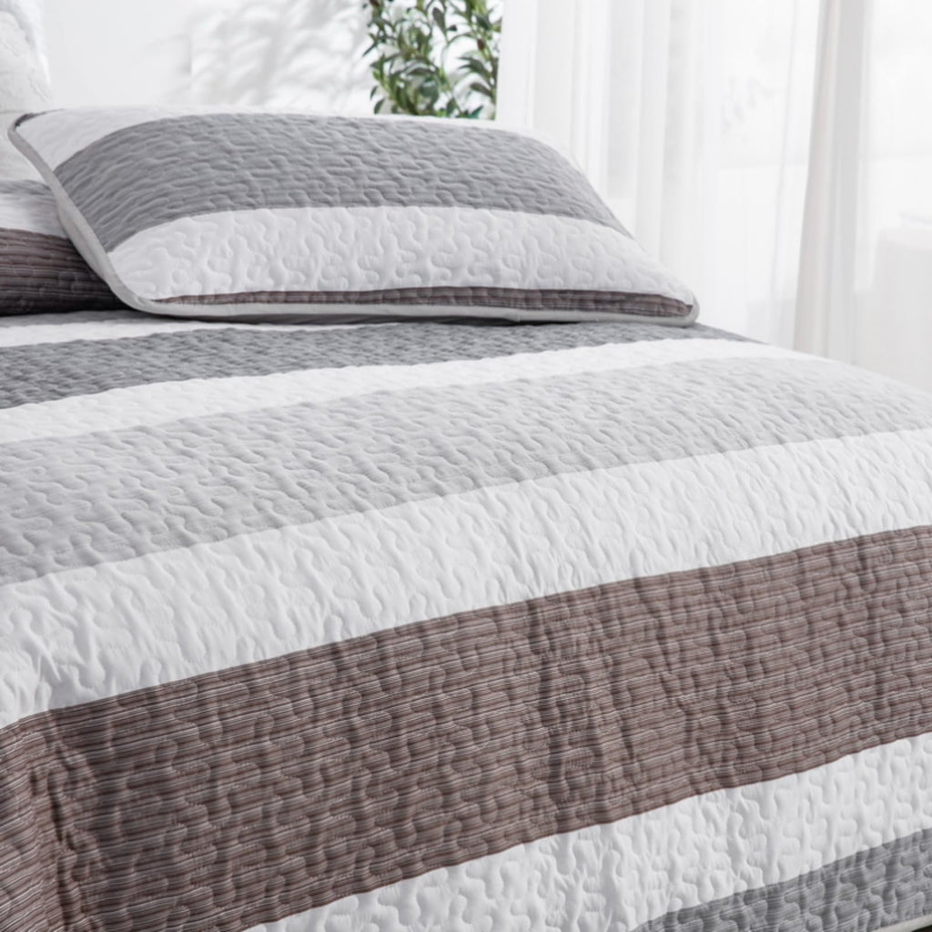 Classic Striped Quilt Set Grey White Brown Horizontal Stripe Bedding