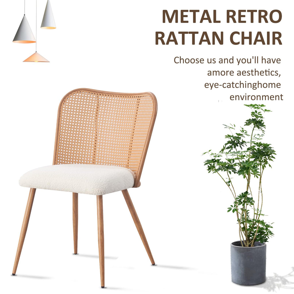 Rattan Dining Chairs Set of 4, Modern Chairs with Cane Back Upholstered Boucle Kitchen Chairs Armless Side Chair with