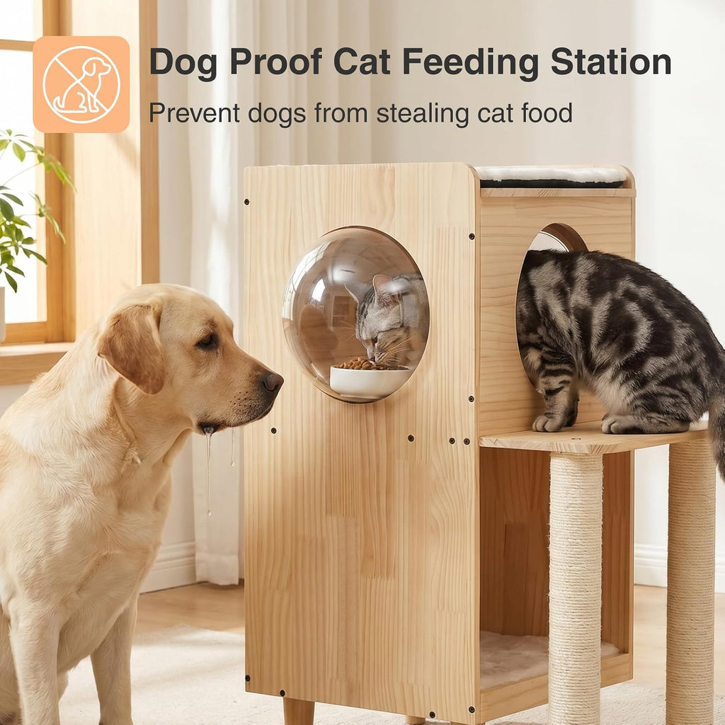 Dog Proof Cat Feeding Station Elevated Food Table with Scratch Posts