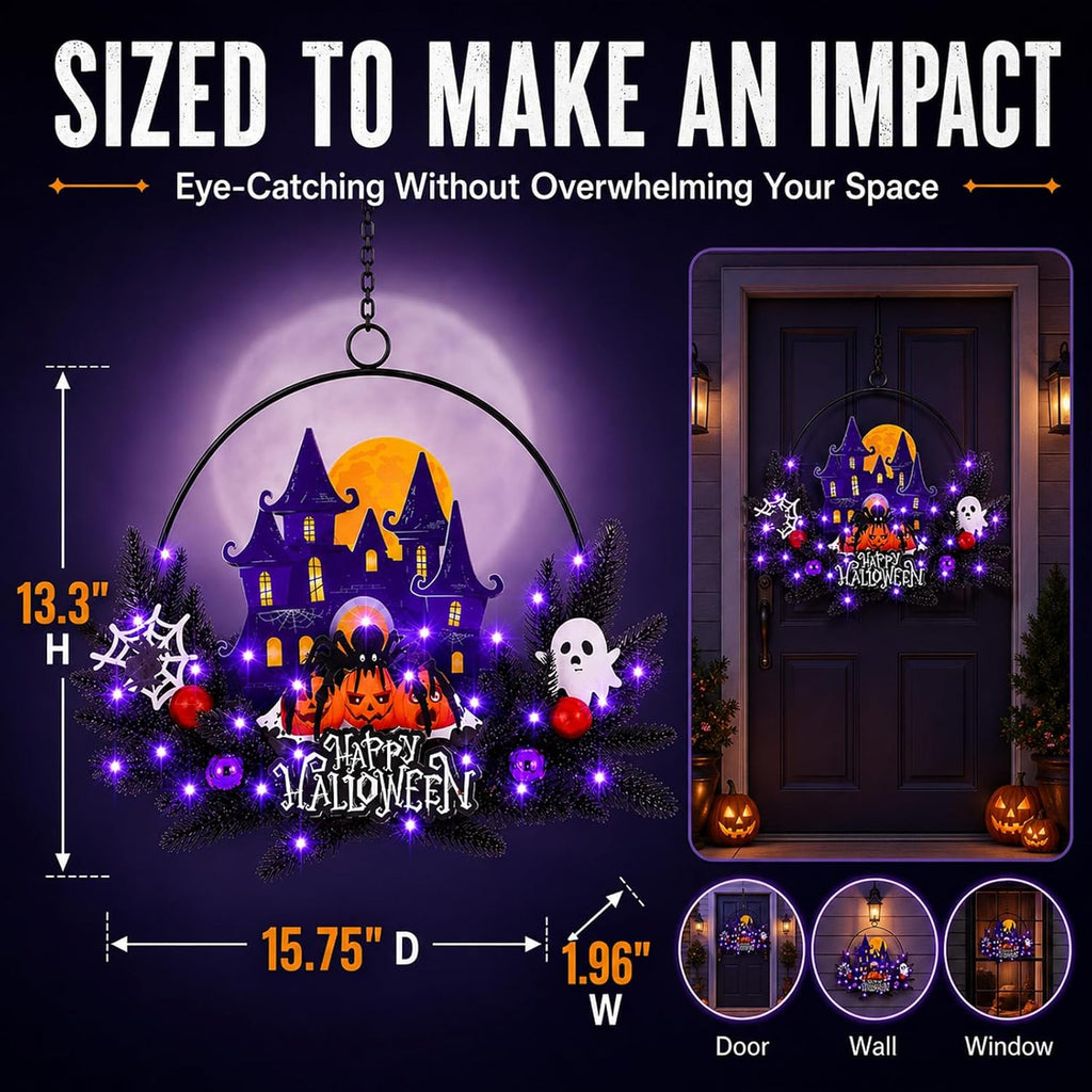 Halloween Decorations Fall Lit Ghost Wreath Twinkling Pumpkins for Front Door Light Up Haunted House Wreath with Bats - Set of 30