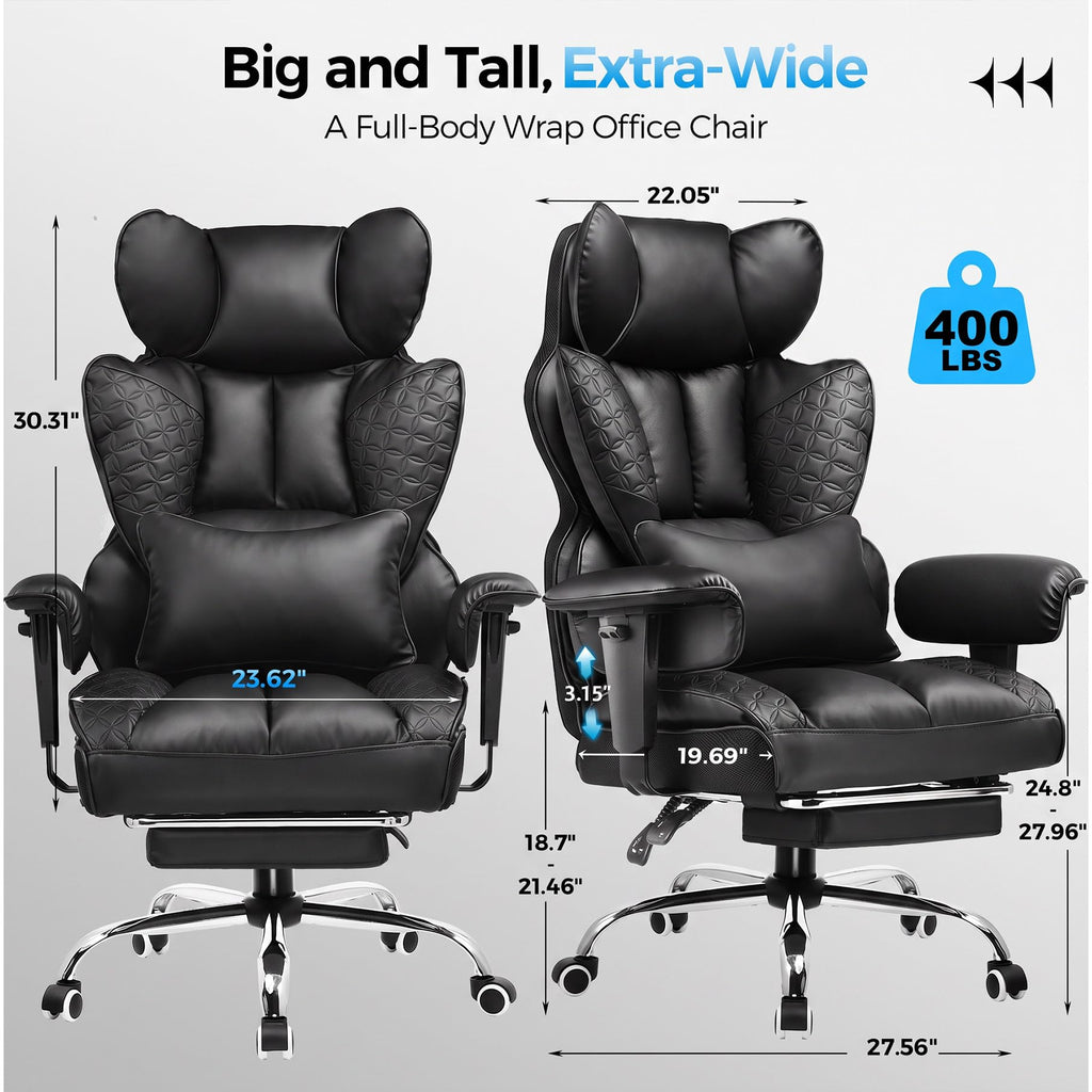 Big and Tall Gaming Chair 400lbs Heavy Duty Office Chair with Footrest, High Back Pocket Spring Lumbar Support