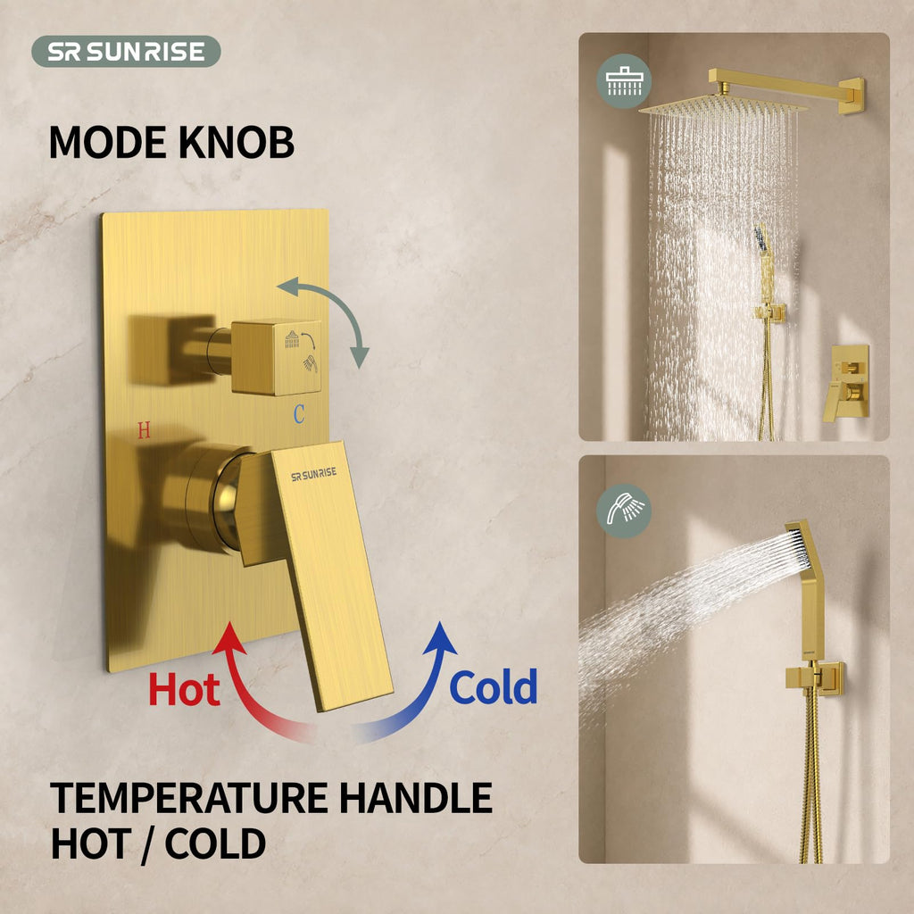 Shower Faucet Set 10-Inch Rainfall Shower Head Brushed Gold