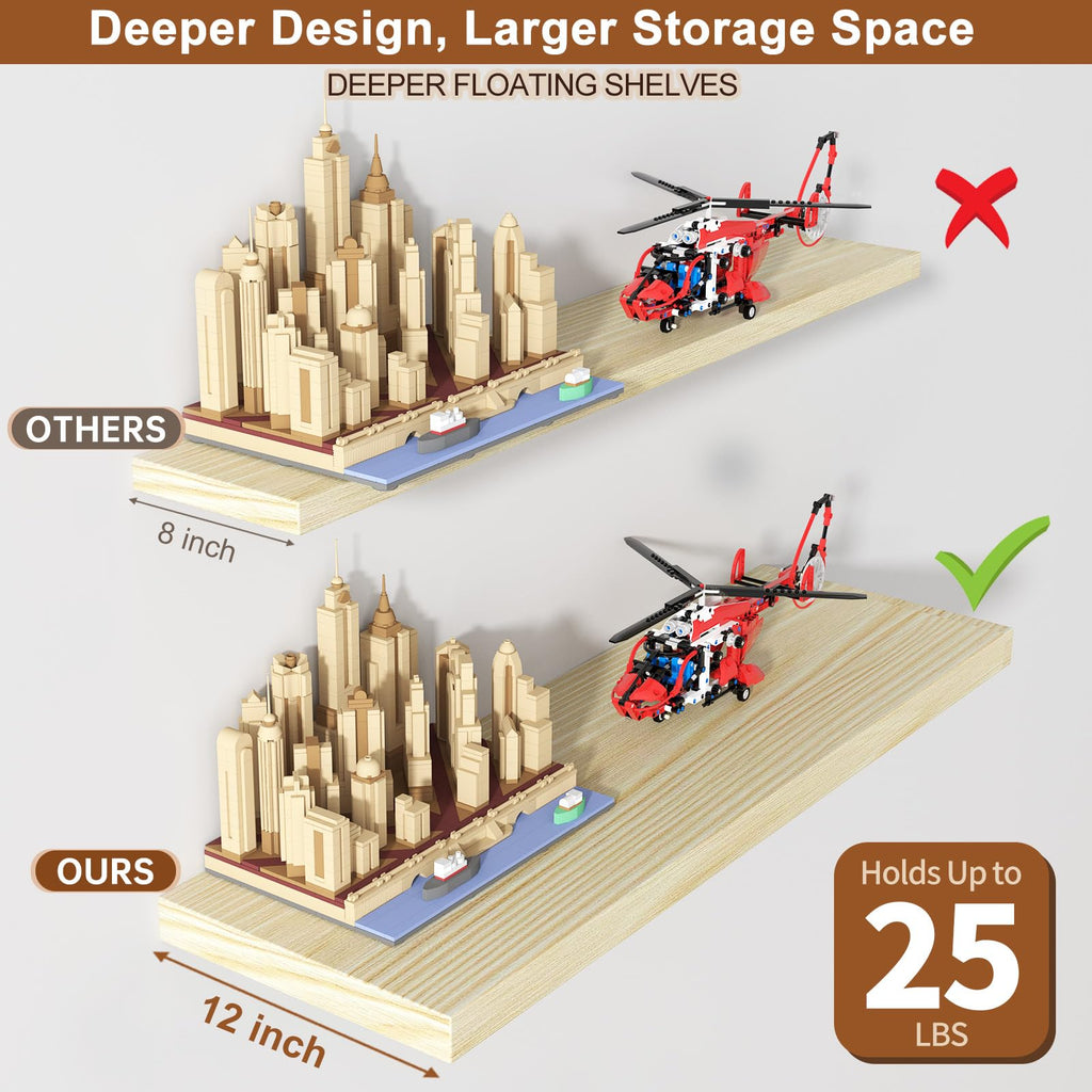 Large Floating Shelves for Wall 24" W x 12" D x 1.2" H Deep Floating Shelves 1 Pack Floating Shelf Large Storage