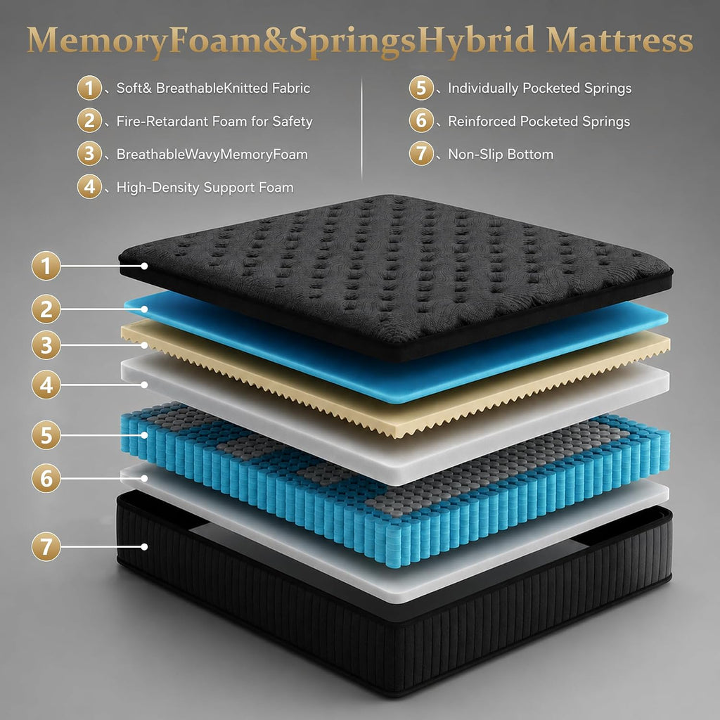 King Mattress 12 Inch in a Box, Hybrid Memory Foam and Spring Core, Medium Firm, Extra Edge Support, Firm Support
