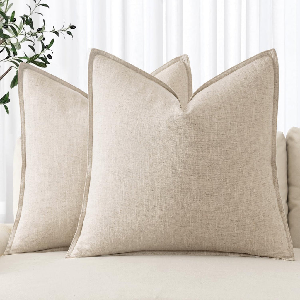 Decorative Linen Euro Sham Pillow Covers 24x24 Natural Beige Boho Farmhouse Neutral Couch Throw Pillows