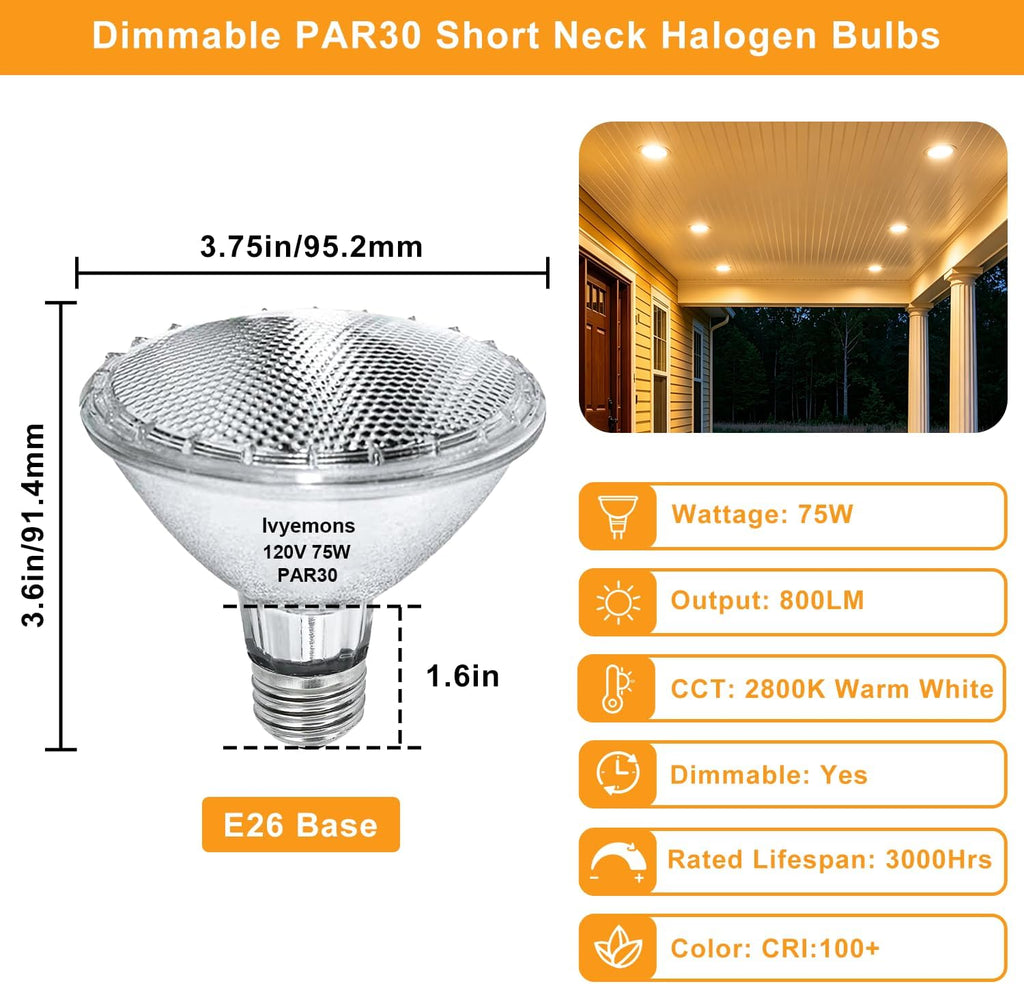 PAR30 Short Neck Halogen Bulbs 120V 75W 2800K Dimmable 2 Pack