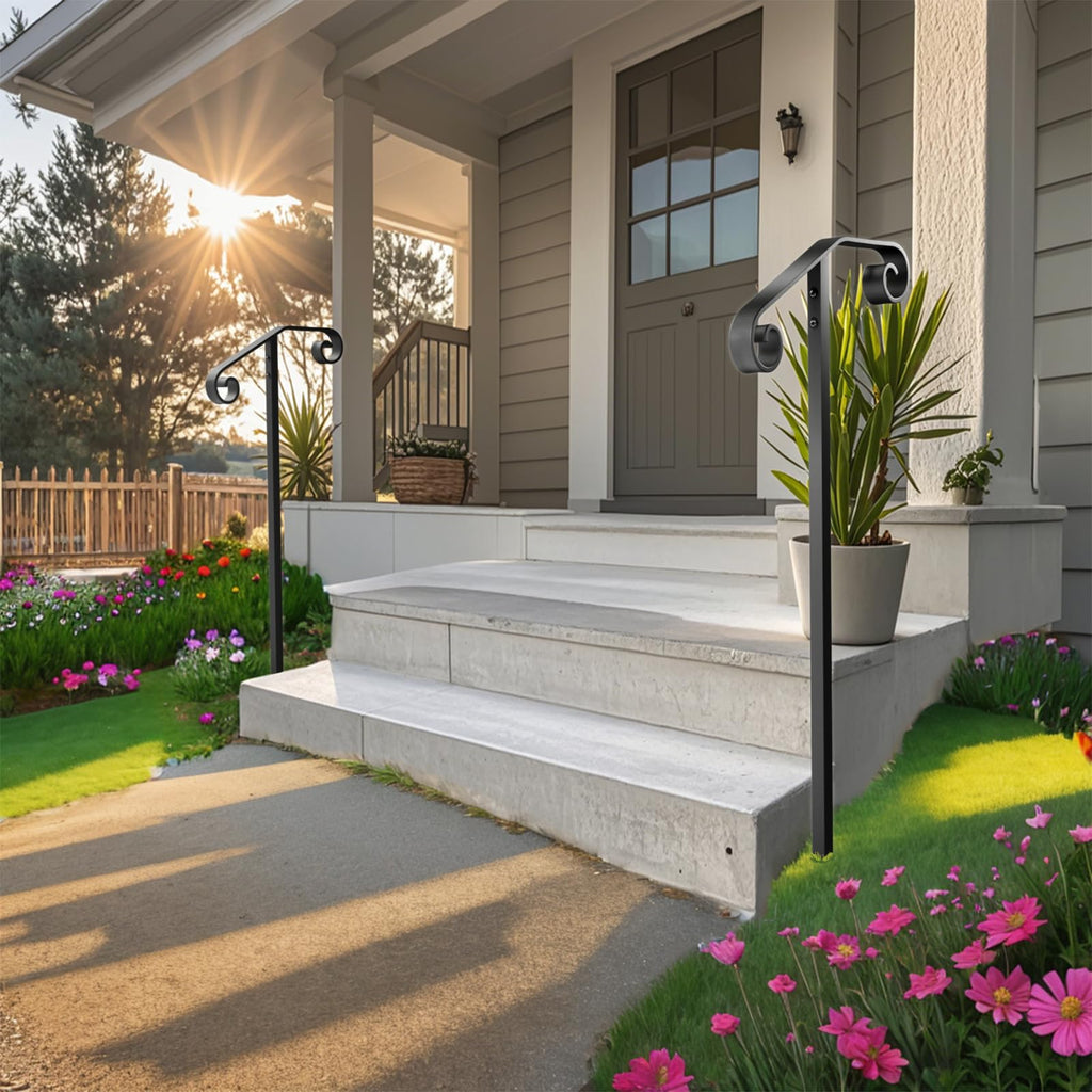 Single Post Handrail, 1 or 2 Steps Handrails for Outdoor Steps, Rust-Proof Wrought Iron Stair Railing in Ground for