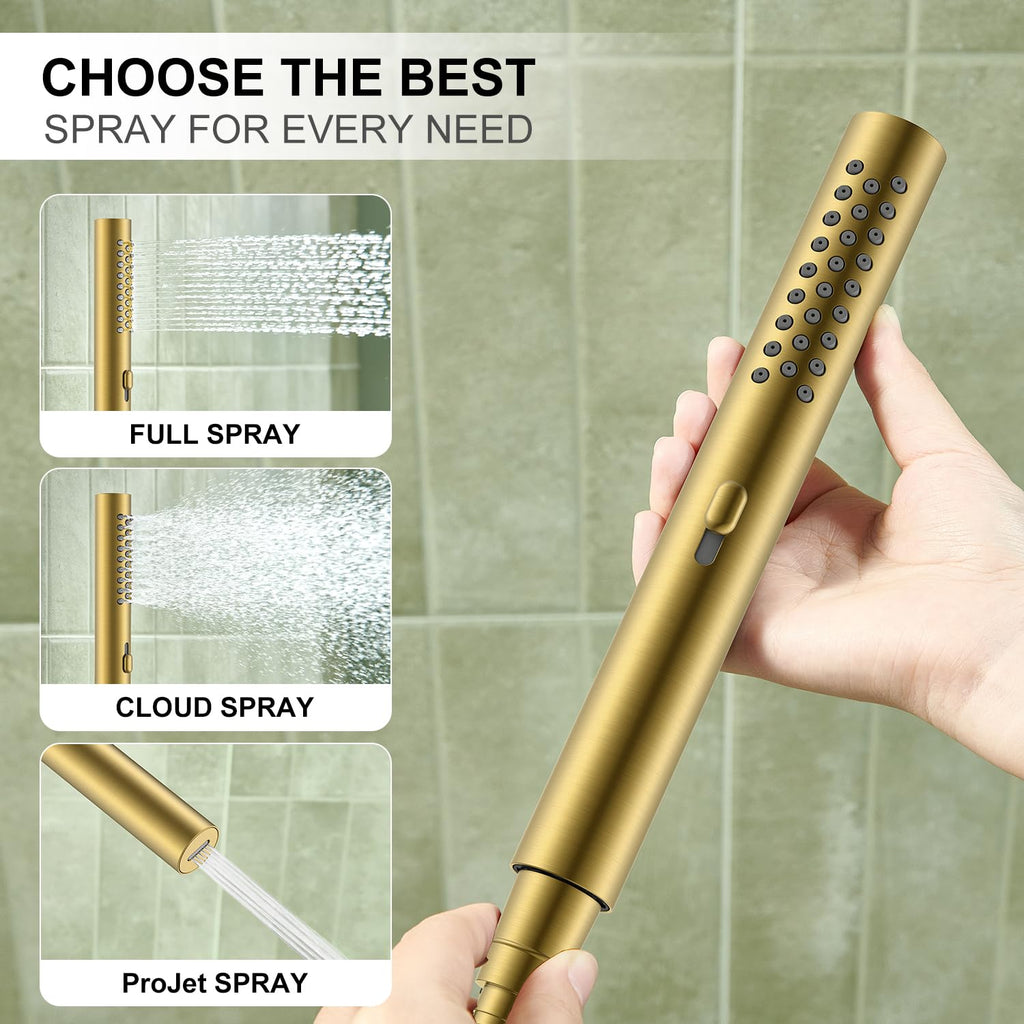 Brushed Gold Square Rainfall Shower System Faucet Set with Handheld