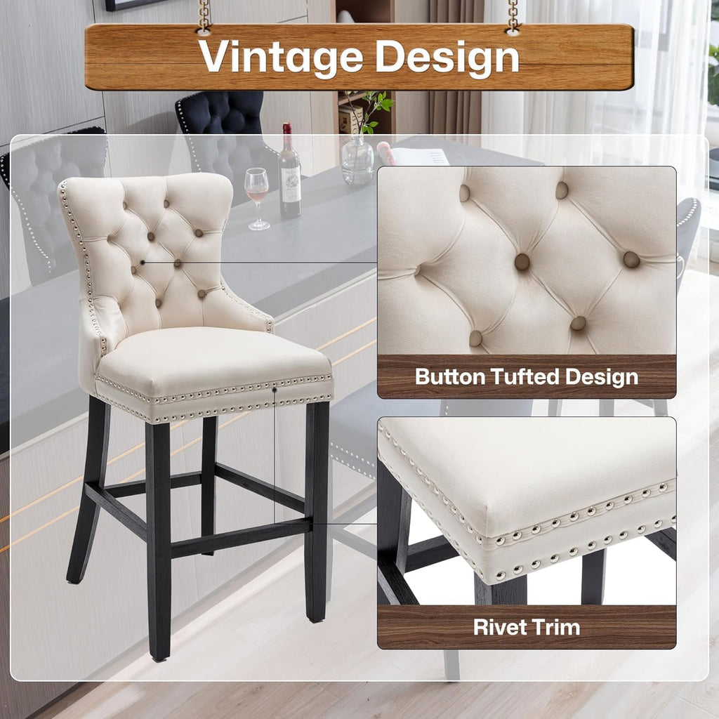 Bar Stools Set of 4, Velvet 26" Kitchen Island Stools, Button Tufted, Beige