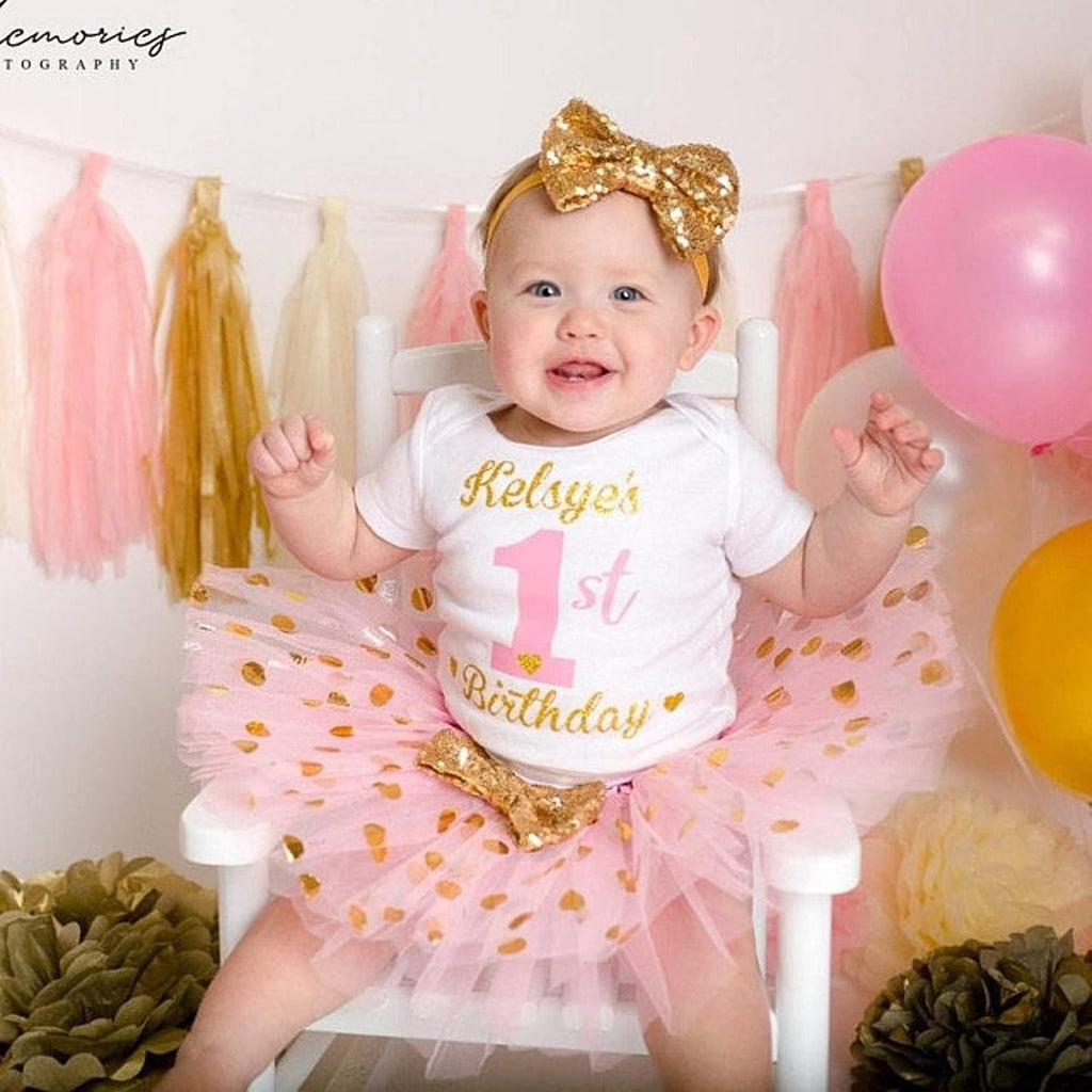 Personalized 1st Birthday Girl Outfit | Glittering Gold and Pink Tutu Dress with Elastic Closure Headband