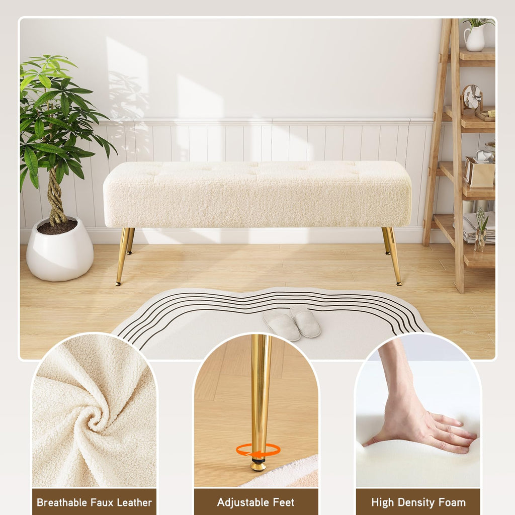 Faux Fur Boho Bench Ottoman Upholstered Tufted Bench with Padded Seat, Footrest Foot Stool with Sturdy Metal Leg