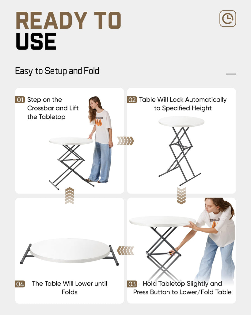 Folding Table Round 32" Quick Adjust 4 Heights Party, Patio