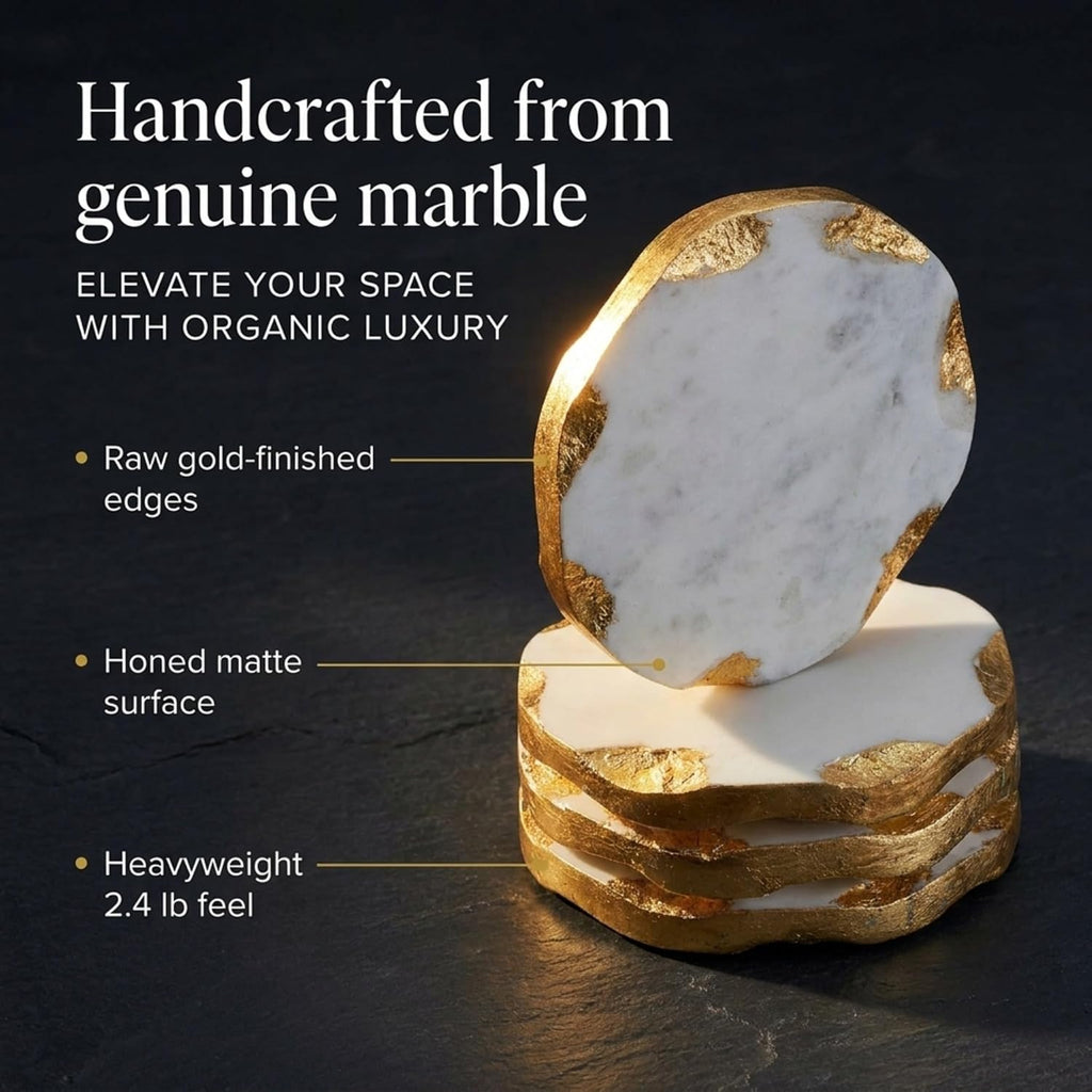 Round Coasters Gold Edge, Marble Coaster Set, Table Protection - Set of 4