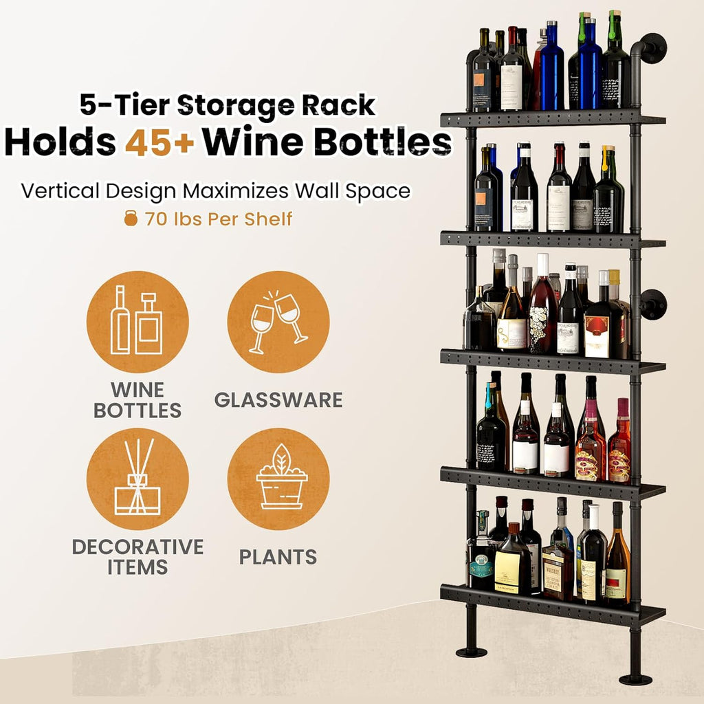 5-Tier Industrial Bar Shelves Wall Mounted, 78" Tall Pipe Wine Rack with Anti-Fall Guards, Wall Mounted Bar Shelves